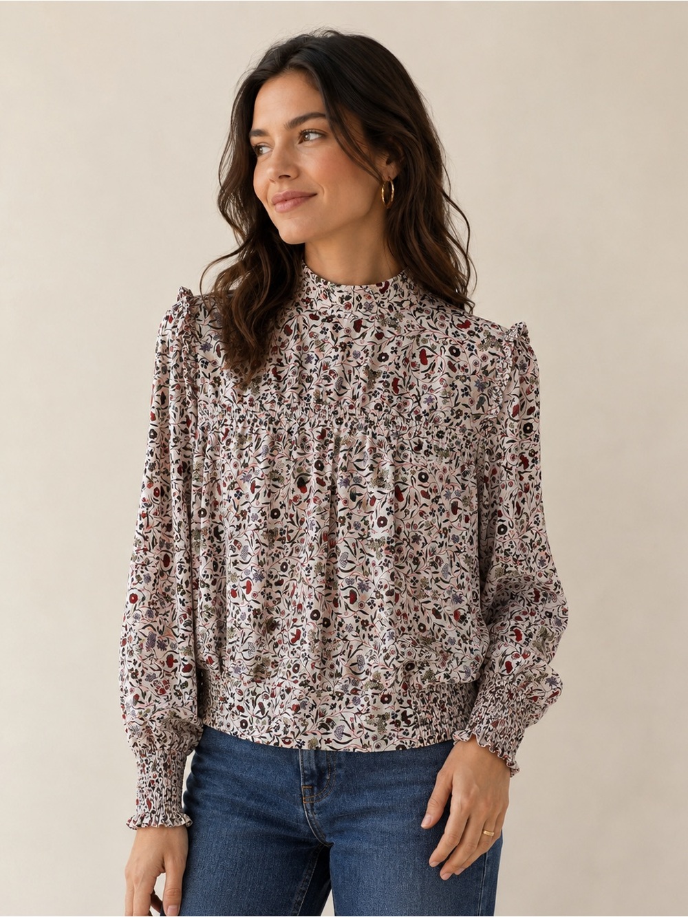 FRAME Silk Floral High Neck Puff Shoulder Blouse S